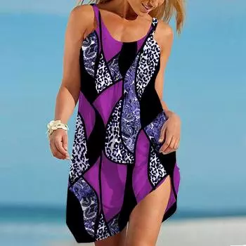 Женское пляжное платье, пляжная одежда, мини-платье с леопардовым принтом, повседневное современное платье без рукавов, свободного кроя, для улицы, повседневное, розового и синего цвета, лето XS фиолетовый