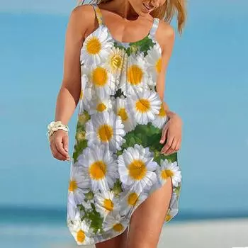 Женское пляжное платье Пляжная одежда Мини-платье Красивый цветочный принт Повседневное современное платье Без рукавов Свободный крой Повседневное уличное розовое синее летнее XS синий