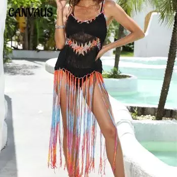 Женское пляжное платье, праздничное накидка, большие размеры, чистое ручное вязание крючком, платье с бахромой, платье с градиентом, платье-бретелька One Size чёрный