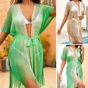 Женское пляжное платье с ажурной сеткой, на шнуровке, с ремешками, пляжная одежда с кисточками, градиентный цвет, накидка с длинным рукавом, защита от солнца, женский купальник-бикини зелёный