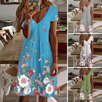 Женское пляжное платье с цветочным принтом и коротким рукавом с v-образным вырезом, свободное платье больших размеров, повседневная одежда, пуловер насыщенных цветов, летнее платье, женская одежда L белый