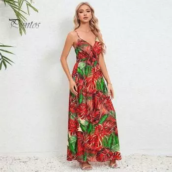 Женское пляжное платье с цветочным принтом, без рукавов, на тонких бретельках, с высокой талией, длиной до щиколотки, с V-образным вырезом, отпускное, летнее, с ремешками, макси-платье M светло-зеленый