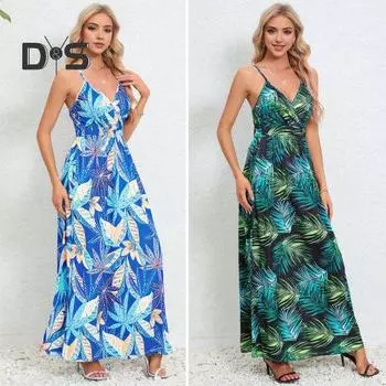 Женское пляжное платье с цветочным принтом, без рукавов, на тонких бретельках, с высокой талией, длиной до щиколотки, с V-образным вырезом, отпускное, летнее, с ремешками, макси-платье M светло-зеленый