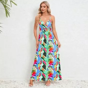 Женское пляжное платье с цветочным принтом, без рукавов, на тонких бретельках, с высокой талией, до щиколотки, с V-образным вырезом M светло-зеленый