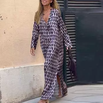 Женское пляжное платье с длинным рукавом и v-образным вырезом с принтом контрастного цвета, платье большого размера, платье макси с глубоким вырезом по бокам, женская одежда L