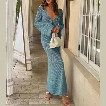 Женское пляжное платье с глубоким вырезом и V-образным вырезом, трикотажное платье с V-образной спиной, эластичная прозрачная прозрачная пляжная одежда для летних каникул, бикини, купальник, платье макси S кофейный