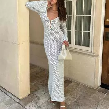 Женское пляжное платье с глубоким вырезом и V-образным вырезом, трикотажное платье с V-образной спиной, эластичная прозрачная прозрачная пляжная одежда для летних каникул, бикини, купальник, платье макси S кофейный