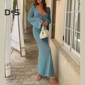 Женское пляжное платье с глубоким вырезом V-образным вырезом, трикотажным вырезом, V-образной спинкой, эластичным прозрачным лифом, летней пляжной одеждой для отдыха, бикини, купальником, макси-платьем M жёлтый