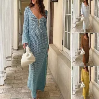 Женское пляжное платье с глубоким вырезом и V-образным вырезом, трикотажное платье с V-образной спиной, эластичная прозрачная прозрачная пляжная одежда для летних каникул, бикини, купальник, платье макси M жёлтый