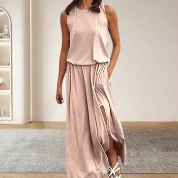 Женское пляжное платье с круглым вырезом, без рукавов, эластичное, с высокой талией, длинное платье с карманами, однотонное, с разрезом по низу, длинное платье M