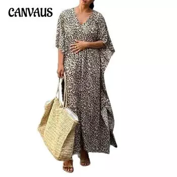 Женское пляжное платье с леопардовым принтом, свободное, большого размера, длинное, праздничная рубашка от солнца, бикини, накидка one size кофейный