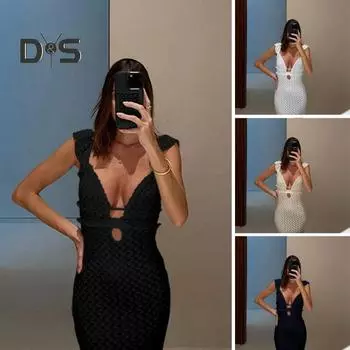 Женское пляжное платье с открытой спиной, сплошное цветное трикотажное облегающее эластичное платье макси без рукавов на шнуровке для отдыха, вечернее платье без рукавов S абрикосовый