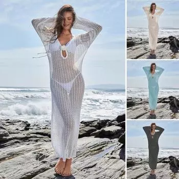 Женское пляжное платье с открытой спиной, трикотажным принтом, шнуровкой на бретелях, V-образным вырезом, свободным халатом, длинным рукавом, защитой от солнца, женским купальником-бикини, пляжной одеждой S синий