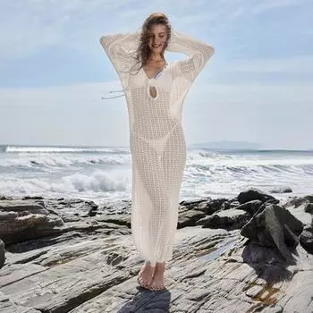 Женское пляжное платье с открытой спиной, трикотажным принтом, шнуровкой на бретелях, V-образным вырезом, свободным халатом, длинным рукавом, защитой от солнца, женским купальником-бикини, пляжной одеждой S синий