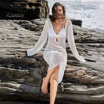 Женское пляжное платье с открытой спиной, трикотажным принтом, шнуровкой на бретелях, V-образным вырезом, свободным халатом, длинным рукавом, защитой от солнца, женским купальником-бикини, пляжной одеждой S синий