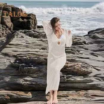 Женское пляжное платье с открытой спиной, трикотажным принтом, шнуровкой на бретелях, V-образным вырезом, свободным халатом, длинным рукавом, защитой от солнца, женским купальником-бикини, пляжной одеждой S белый