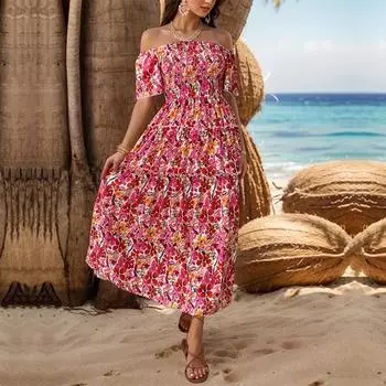 Женское пляжное платье с открытыми плечами, красочный цветочный принт, трапециевидной формы в стиле пэчворк, свободный подол, гофрированная спинка, короткое S красный