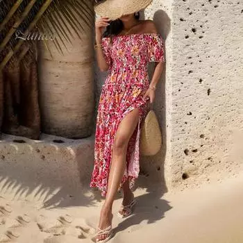 Женское пляжное платье с открытыми плечами Красочный цветочный принт трапециевидной формы в стиле пэчворк Свободный подол с гофрировкой на спине с короткими рукавами Летние каникулы Стиль миди-платья S красный