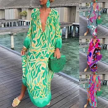 Женское пляжное платье с принтом в стиле бохо, летние сексуальные платья с глубоким v-образным вырезом и длинными рукавами, женские винтажные платья макси, элегантный халат 2XL