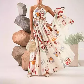Женское пляжное платье с юбкой и принтом, с вырезом-стойкой и большим подолом, с открытыми плечами, длинная пляжная юбка, сексуальный сарафан с открытой спиной S белый