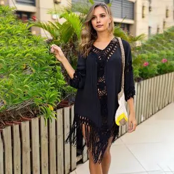 Женское пляжное платье с v-образным вырезом и половиной рукавом с открытой спиной, однотонное свободное платье с полой крючком и кисточкой, анти-УФ-отпускное платье чёрный