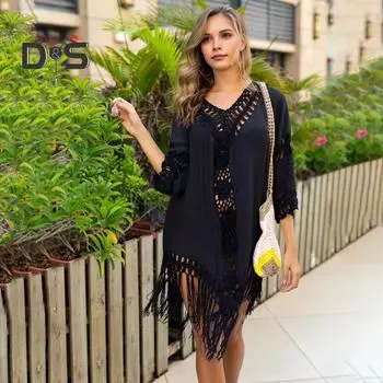 Женское пляжное платье с v-образным вырезом и половиной рукавом с открытой спиной, однотонное свободное платье с полой крючком и кисточкой, анти-УФ-отпускное платье чёрный