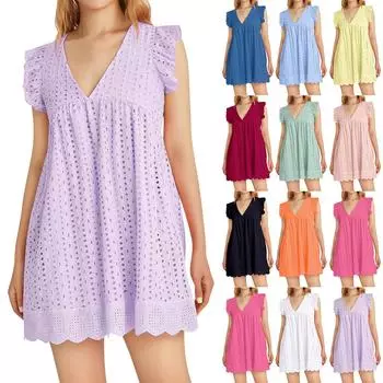 Женское пляжное платье с v-образным вырезом, короткое платье, платье с рюшами и рукавами L чёрный