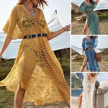 Женское пляжное платье с вырезами и высокими рукавами, кружево с разрезом, длина до середины икры, солнцезащитный крем, прозрачный жёлтый