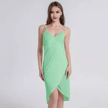 Женское пляжное платье с запахом на тонких бретельках, однотонное платье-комбинация без рукавов и спины для отдыха, платье-комбинация с нерегулярным подолом, облегающее платье миди XL светло-зеленый