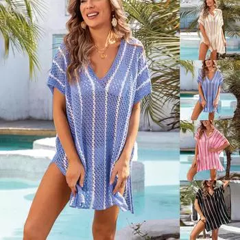 Женское пляжное вязаное бикини для отпуска, свободное платье большого размера с цветными блоками, накидки One Size чёрный