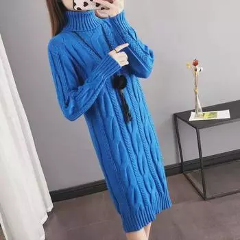 Женское плюшевое/не плюшевое трикотажное платье-свитер длиной выше колена с высоким воротником на осень и зиму 2XL