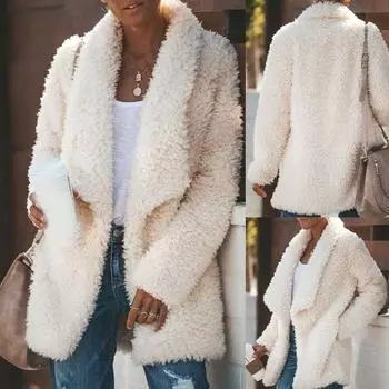 Женское плюшевое осеннее зимнее карманное пальто с длинным рукавом, сохраняющее тепло, модное длинное пальто с карманами L белый
