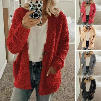 Женское плюшевое пальто с длинными рукавами, однобортная куртка с карманами, однотонное, утолщенное, теплое L чёрный