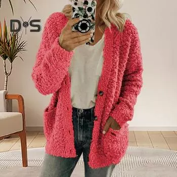 Женское плюшевое пальто с длинными рукавами, однобортная куртка с карманами, однотонное утолщенное теплое плюшевое пальто для повседневной носки на осень-зиму L темно-серого