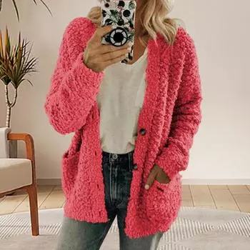 Женское плюшевое пальто с длинными рукавами, однобортная куртка с карманами, однотонное утолщенное теплое плюшевое пальто для повседневной носки на осень-зиму M красный