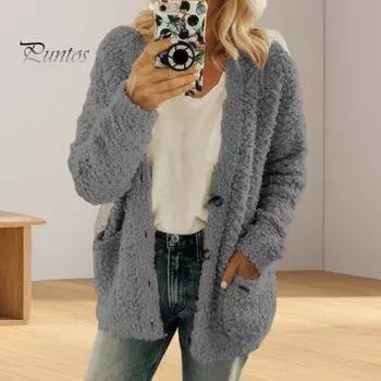 Женское плюшевое пальто с длинными рукавами, однобортная куртка с карманами, однотонное утолщенное теплое плюшевое пальто для повседневной носки на осень-зиму M чёрный