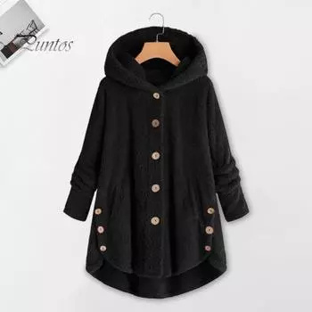Женское плюшевое пальто с капюшоном, длинными рукавами, боковыми пуговицами, подолом, однобортная повседневная куртка с карманами, однотонное свободное пальто средней длины M чёрный