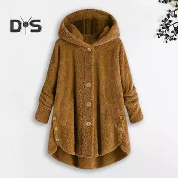 Женское плюшевое пальто с капюшоном, длинными рукавами, боковыми пуговицами, подолом, однобортная повседневная куртка с карманами, однотонное свободное пальто средней длины M розовый