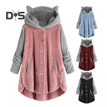Женское плюшевое пальто с капюшоном, милая модная зимняя куртка с кошачьими ушками, пальто нестандартного цвета, подходящее по цвету 3XL розовый