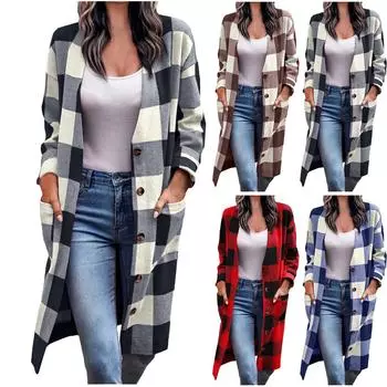 Женское плюшевое пальто в клетку на пуговицах, кардиганы, свободная посадка, длинная верхняя одежда, карманные пальто, куртки L чёрный