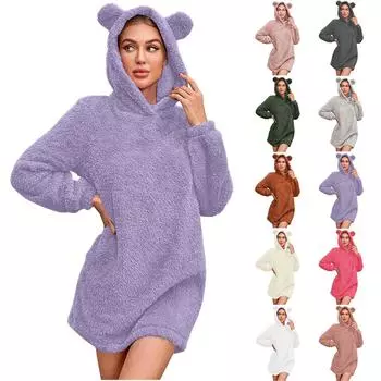 Женское плюшевое повседневное платье-пижама с капюшоном и милыми медвежьими ушками L бежевый