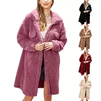 Женское плюшевое свободное однобортное пальто с ромбами L бежевый