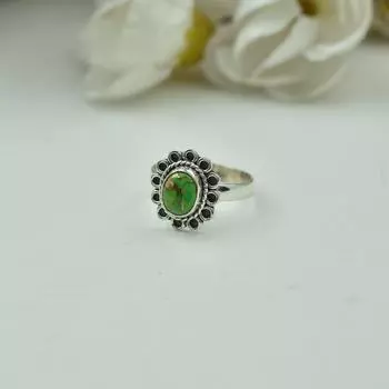 Женское подарочное кольцо из зеленого медного бирюзового драгоценного камня из стерлингового серебра 925 пробы, богемное кольцо, подарок на помолвку на годовщину, серебряное кольцо 6