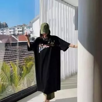 Женское похудение возраст для защиты мяса большого размера платье летнее свободное прямое платье M чёрный