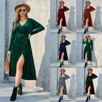 Женское полосатое бархатное платье миди больших размеров с разрезами на бретелях - Коллекция осень/зима 2022 XXL