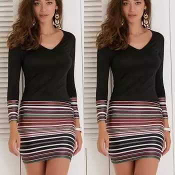 Женское полосатое лоскутное платье с v-образным вырезом и длинными рукавами, вечернее платье L чёрный