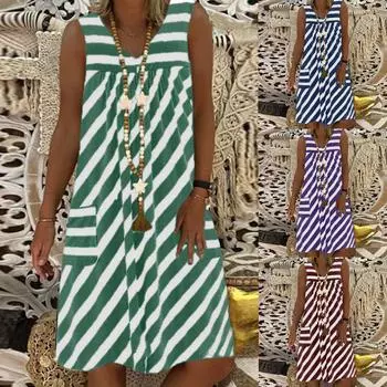 Женское полосатое платье без рукавов с карманом и v-образным вырезом, повседневное свободное платье-пуловер XXXXXL синий