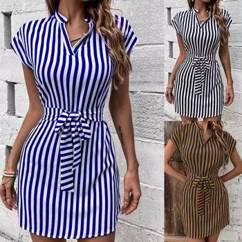 Женское полосатое платье-рубашка длиной до пола без рукавов Женское повседневное свободное платье с длинными рукавами S синий