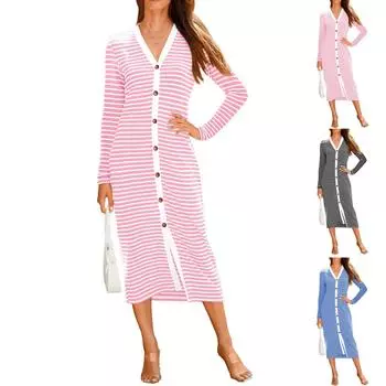 Женское полосатое платье с длинным рукавом L чёрный