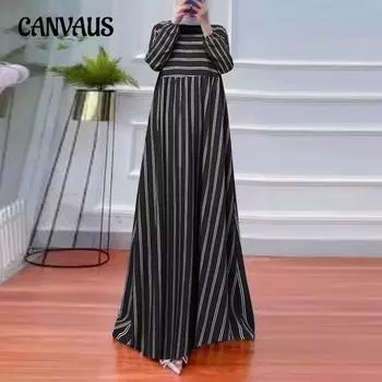 Женское Полосатое Свободное Удобное Повседневное Платье с Круглым Вырезом и Длинными Рукавами S чёрный